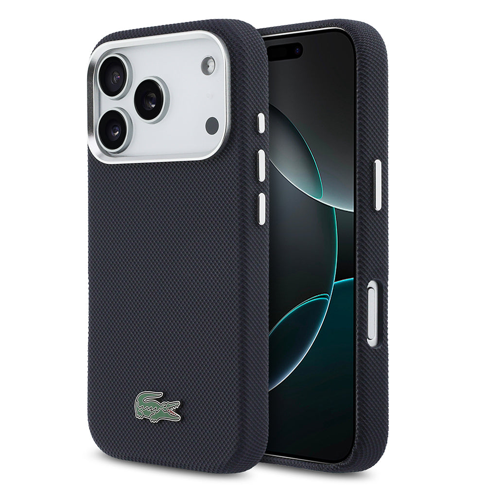 Apple iPhone 17 Pro Kılıf Lacoste Orjinal Lisanslı M-Safe Şarj Özellikli PVC Pike Desenli Arka Yüzey İkonik Timsah Dokuma Logolu Kapak Lacivert
