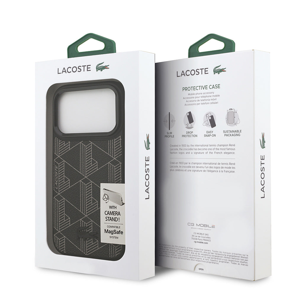 Apple iPhone 17 Pro Kılıf Lacoste Orjinal Lisanslı M-safe Şarj Özellikli Standlı PU Deri Karışık Monogram Desenli Kapak Yeşil