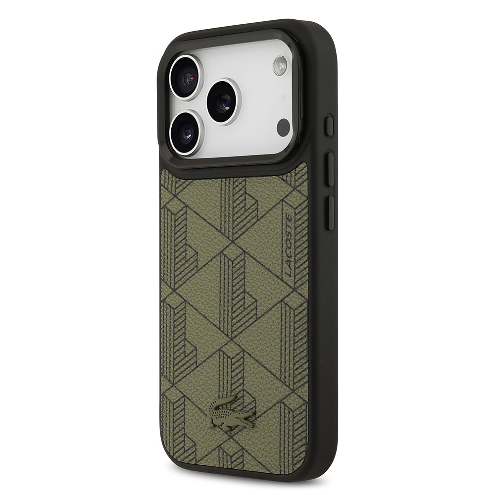 Apple iPhone 17 Pro Kılıf Lacoste Orjinal Lisanslı M-safe Şarj Özellikli Standlı PU Deri Karışık Monogram Desenli Kapak Yeşil