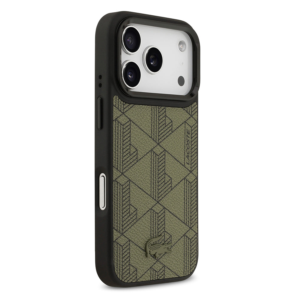 Apple iPhone 17 Pro Kılıf Lacoste Orjinal Lisanslı M-safe Şarj Özellikli Standlı PU Deri Karışık Monogram Desenli Kapak Siyah