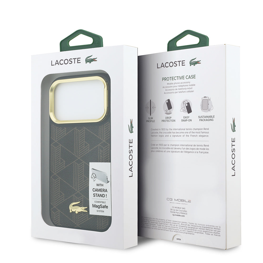 Apple iPhone 17 Pro Kılıf Lacoste Orjinal Lisanslı M-safe Şarj Özellikli Standlı PU Deri Karışık Monogram Desenli Kapak Kahverengi