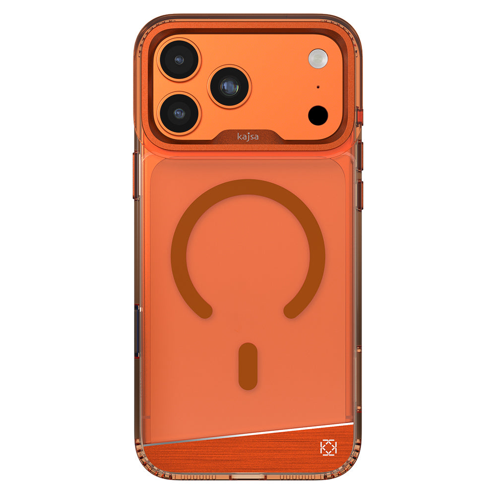 Apple iPhone 17 Pro Kılıf M-safe Şarj Özellikli Airbag Tasarımlı O-Ring Şeffaf Kajsa Trans Alüminyum Shield Serisi Kapak Turuncu