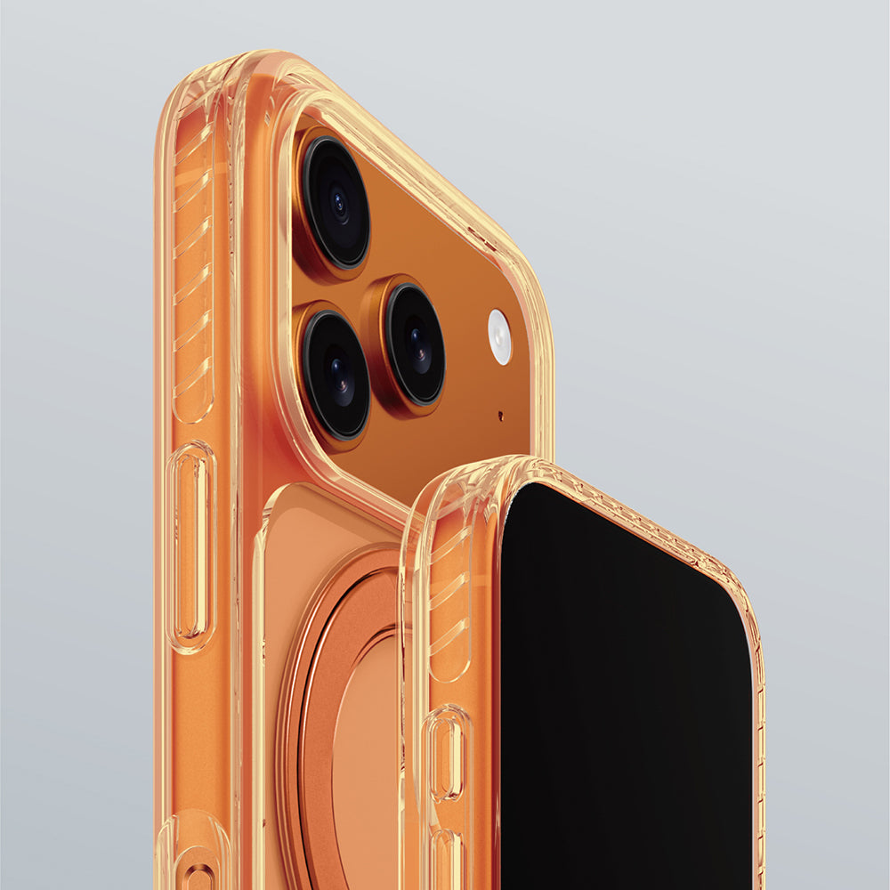 Apple iPhone 17 Pro Kılıf M-Safe Şarj Özellikli Airbag Tasarımlı Standlı AmazingThing Titan Pro MagSpin Kapak Turuncu