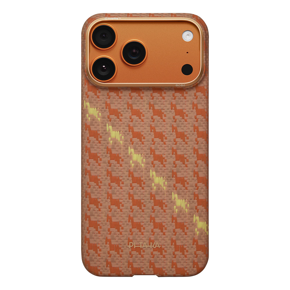 Apple iPhone 17 Pro Kılıf M-safe Şarj Özellikli Aramid Fiber Pitaka Edge Serisi Happiness Rides Kapak Kahverengi