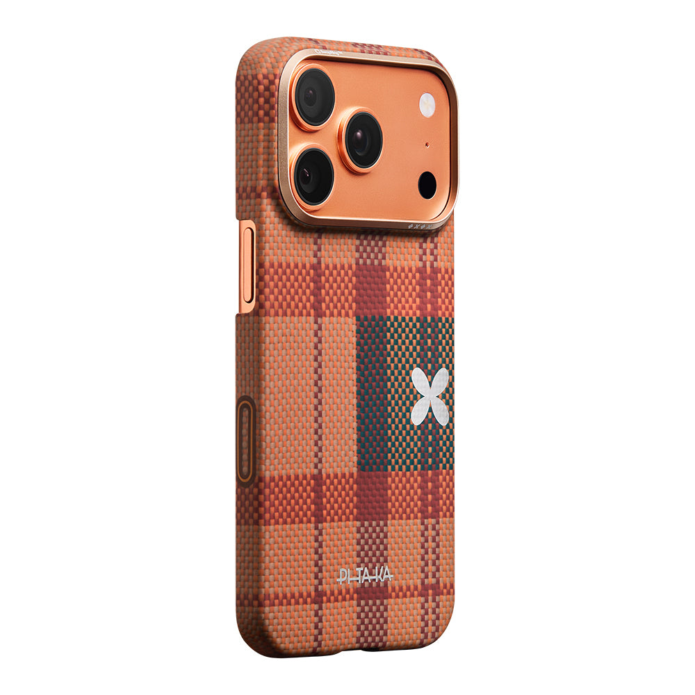 Apple iPhone 17 Pro Kılıf M-safe Şarj Özellikli Aramid Fiber Pitaka Flora in Grid Serisi Kapak Kahverengi