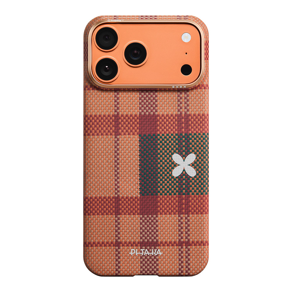 Apple iPhone 17 Pro Kılıf M-safe Şarj Özellikli Aramid Fiber Pitaka Flora in Grid Serisi Kapak Kahverengi