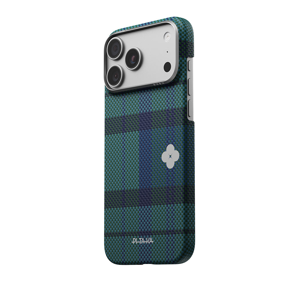Apple iPhone 17 Pro Kılıf M-safe Şarj Özellikli Aramid Fiber Pitaka Flora in Grid Serisi Kapak Mavi