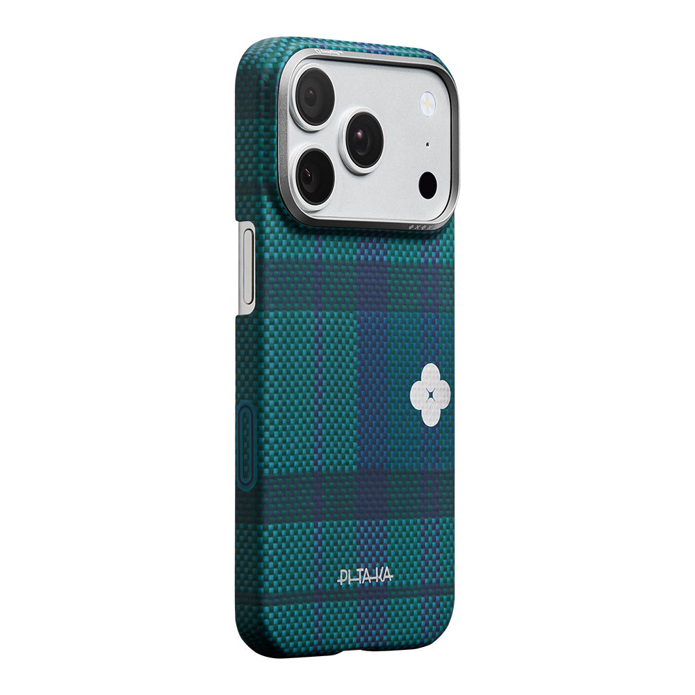 Apple iPhone 17 Pro Kılıf M-safe Şarj Özellikli Aramid Fiber Pitaka Flora in Grid Serisi Kapak Mavi