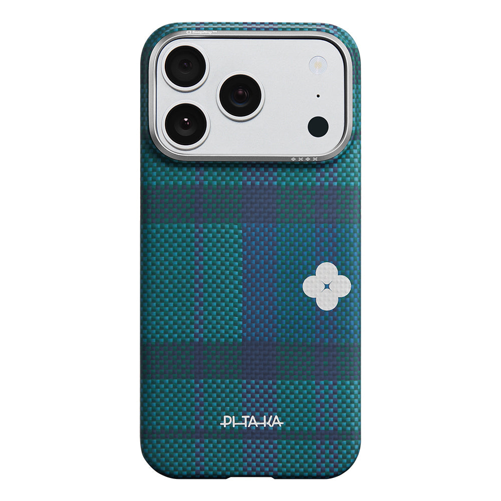 Apple iPhone 17 Pro Kılıf M-safe Şarj Özellikli Aramid Fiber Pitaka Flora in Grid Serisi Kapak Mavi