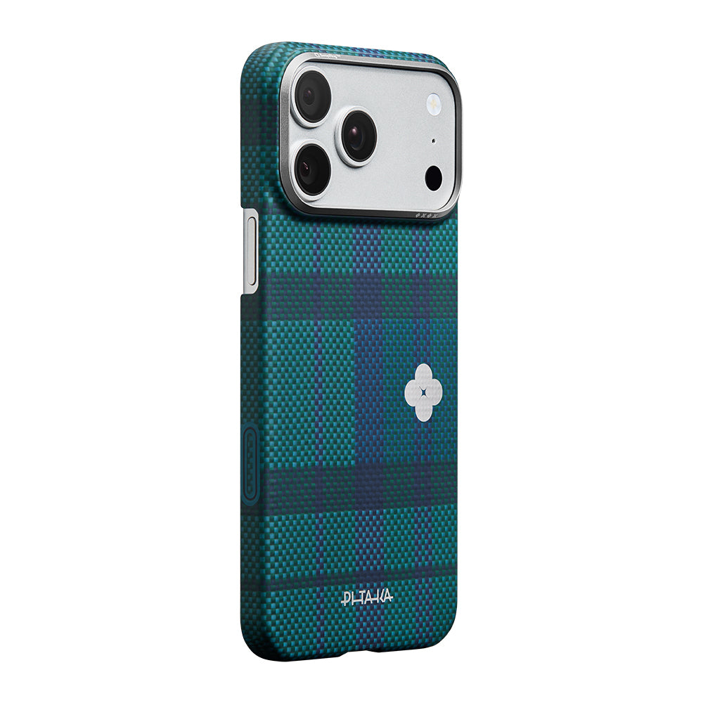 Apple iPhone 17 Pro Kılıf M-safe Şarj Özellikli Aramid Fiber Pitaka Flora in Grid Serisi Kapak Mavi