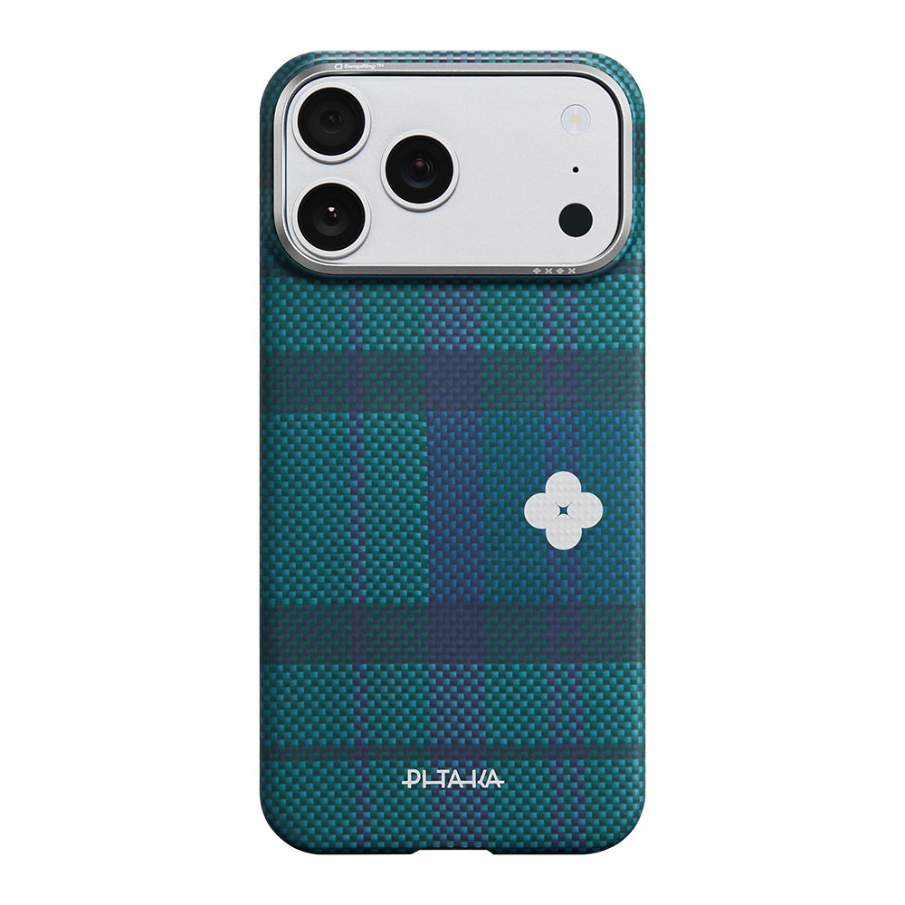 Apple iPhone 17 Pro Kılıf M-safe Şarj Özellikli Aramid Fiber Pitaka Flora in Grid Serisi Kapak Mavi