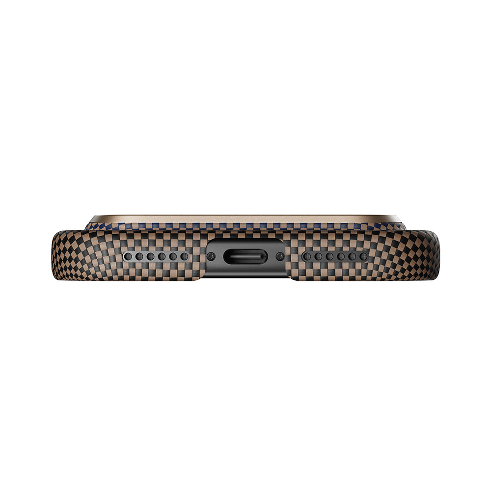 Apple iPhone 17 Pro Kılıf M-safe Şarj Özellikli Aramid Fiber Pitaka Tactile Woven Sunset-Moonrise Serisi Kapak Kahverengi