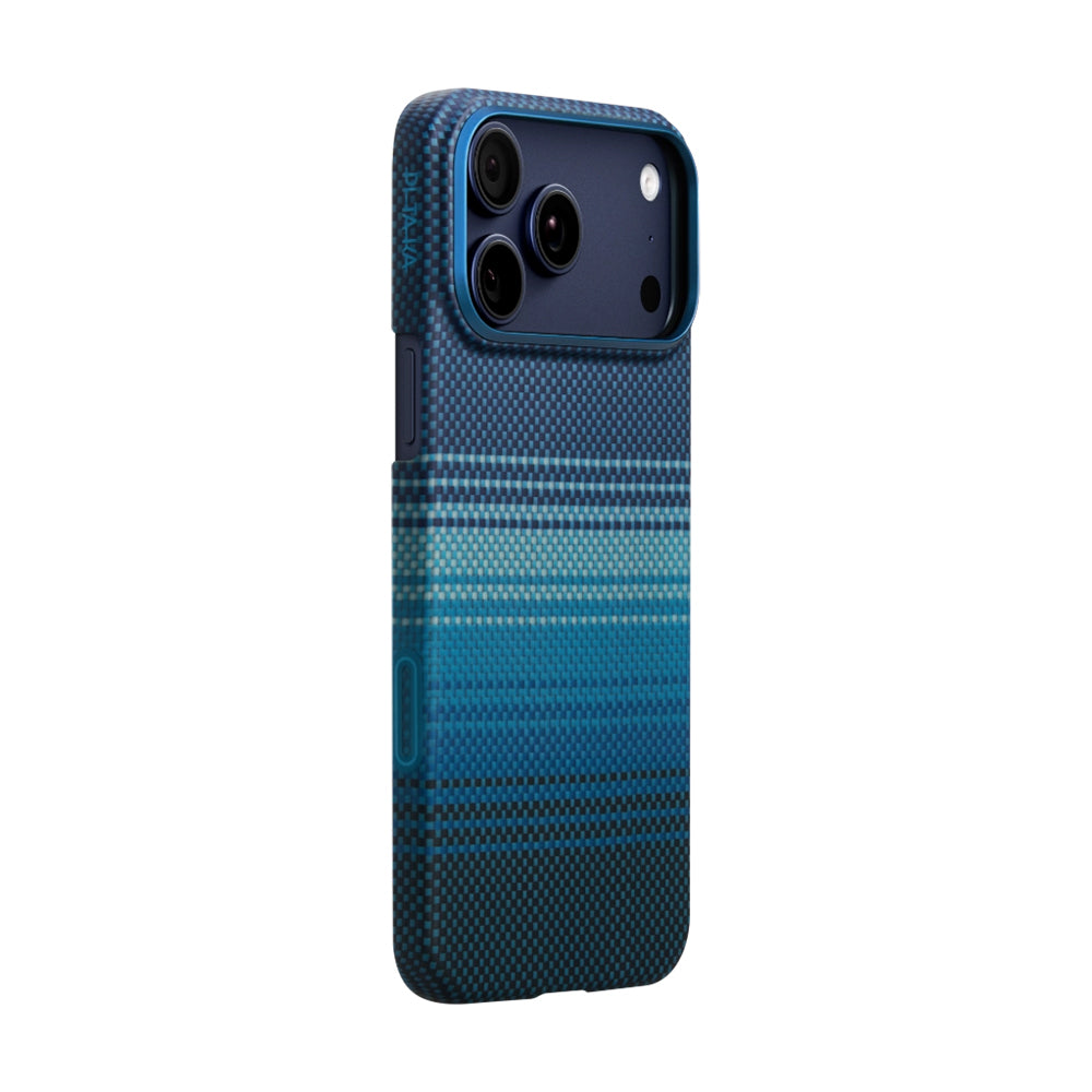 Apple iPhone 17 Pro Kılıf M-safe Şarj Özellikli Aramid Fiber Pitaka Tactile Woven Sunset-Moonrise Serisi Kapak Mavi