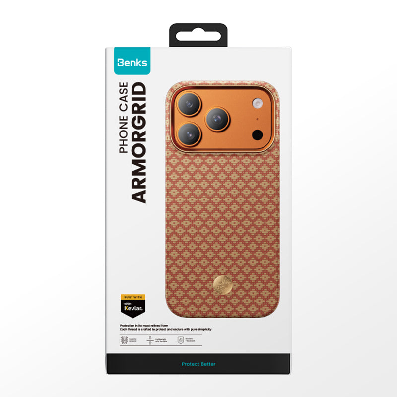 Apple iPhone 17 Pro Kılıf M-Safe Şarj Özellikli Benks ArmorAir ArmorGrid Serisi Kevlar Kapak Açık Turuncu