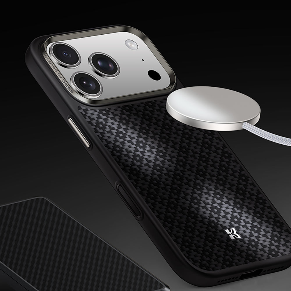 Apple iPhone 17 Pro Kılıf M-Safe Şarj Özellikli Benks ArmorPro ArmorGrid Serisi Kevlar Kapak Turuncu