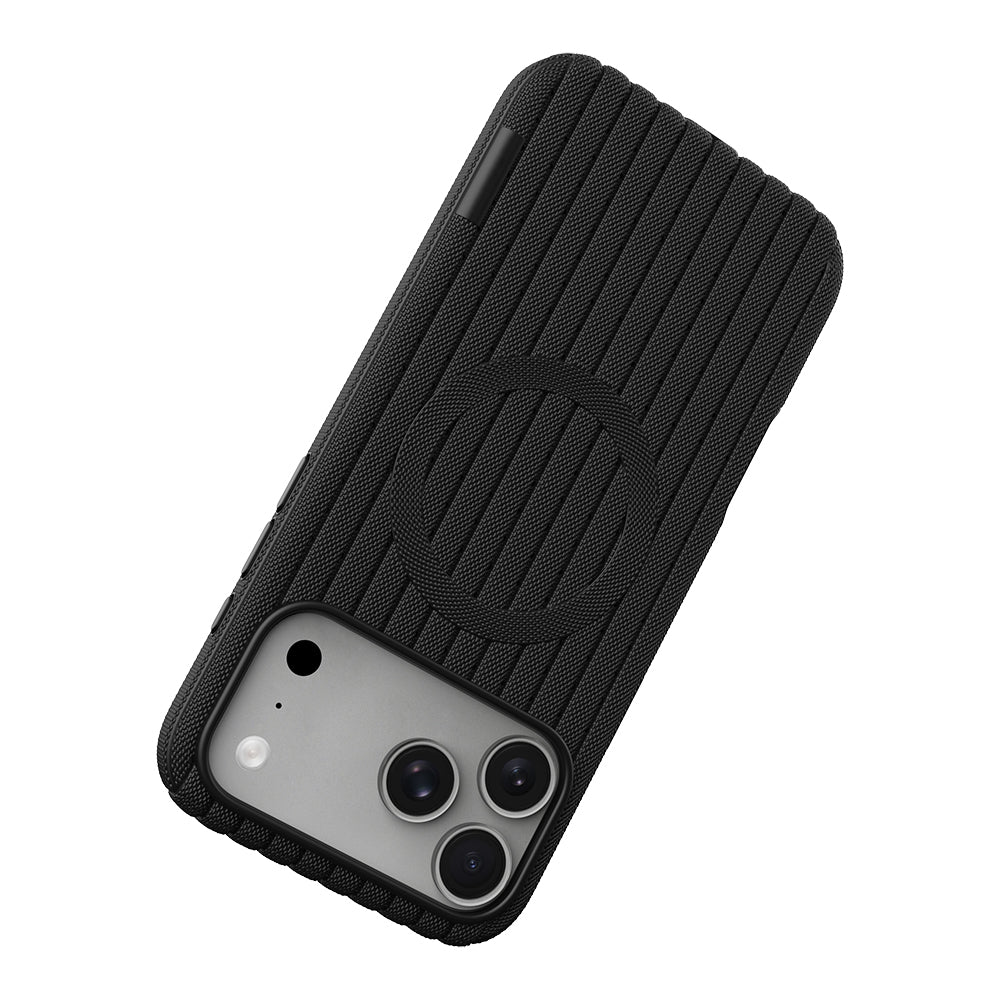 Apple iPhone 17 Pro Kılıf M-Safe Şarj Özellikli Çizgi Desenli Kumaş Dokulu Zore Paris Lorin Kapak Siyah