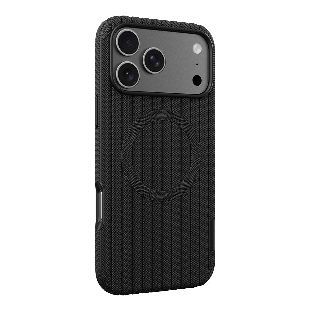 Apple iPhone 17 Pro Kılıf M-Safe Şarj Özellikli Çizgi Desenli Kumaş Dokulu Zore Paris Lorin Kapak Siyah