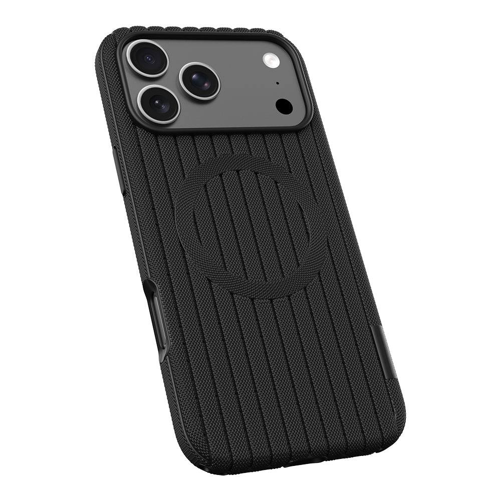 Apple iPhone 17 Pro Kılıf M-Safe Şarj Özellikli Çizgi Desenli Kumaş Dokulu Zore Paris Lorin Kapak Siyah
