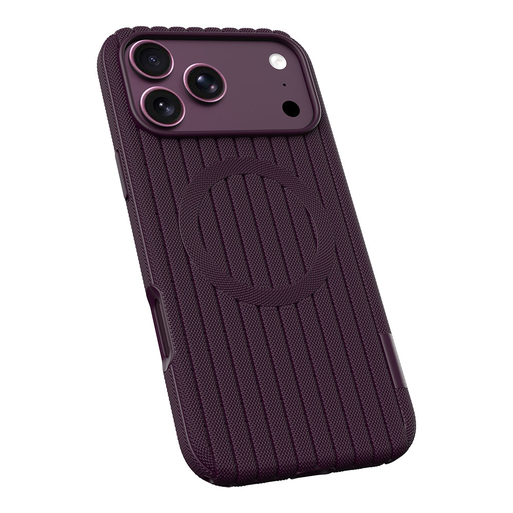 Apple iPhone 17 Pro Kılıf M-Safe Şarj Özellikli Çizgi Desenli Kumaş Dokulu Zore Paris Lorin Kapak Bordo