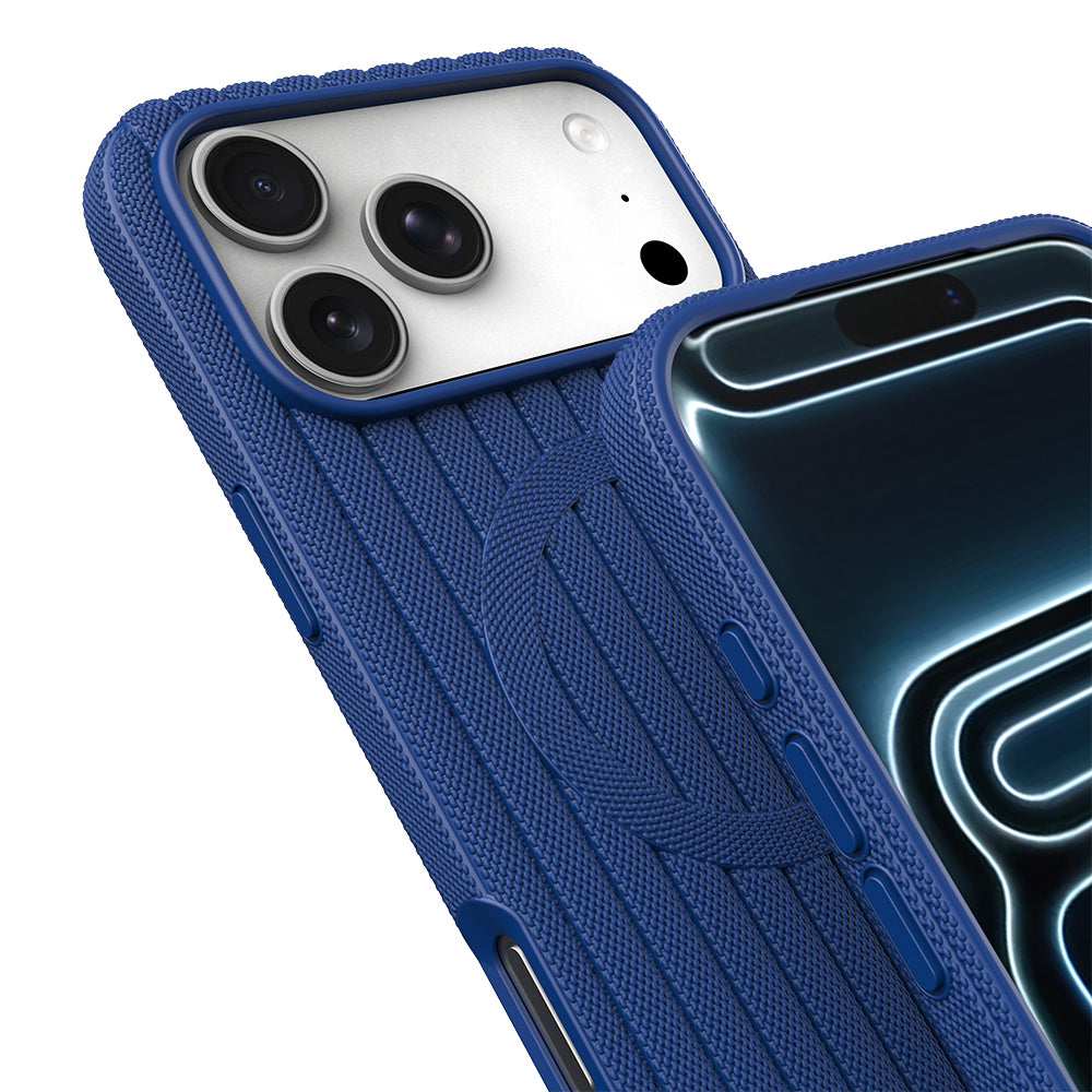 Apple iPhone 17 Pro Kılıf M-Safe Şarj Özellikli Çizgi Desenli Kumaş Dokulu Zore Paris Lorin Kapak Lacivert
