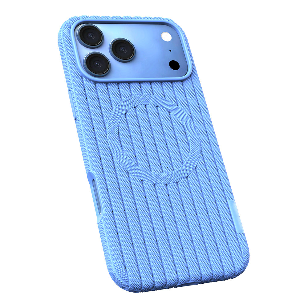 Apple iPhone 17 Pro Kılıf M-Safe Şarj Özellikli Çizgi Desenli Kumaş Dokulu Zore Paris Lorin Kapak Açık Mavi