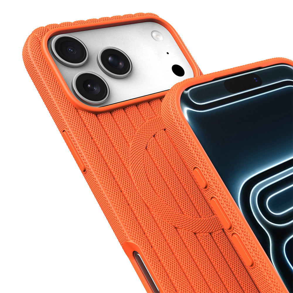 Apple iPhone 17 Pro Kılıf M-Safe Şarj Özellikli Çizgi Desenli Kumaş Dokulu Zore Paris Lorin Kapak Turuncu