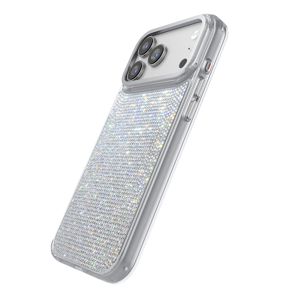 Apple iPhone 17 Pro Kılıf M-Safe Şarj Özellikli El İşlemeli Swarovski Taşlı Zore Paris Riva Sert PC Kapak Gümüş
