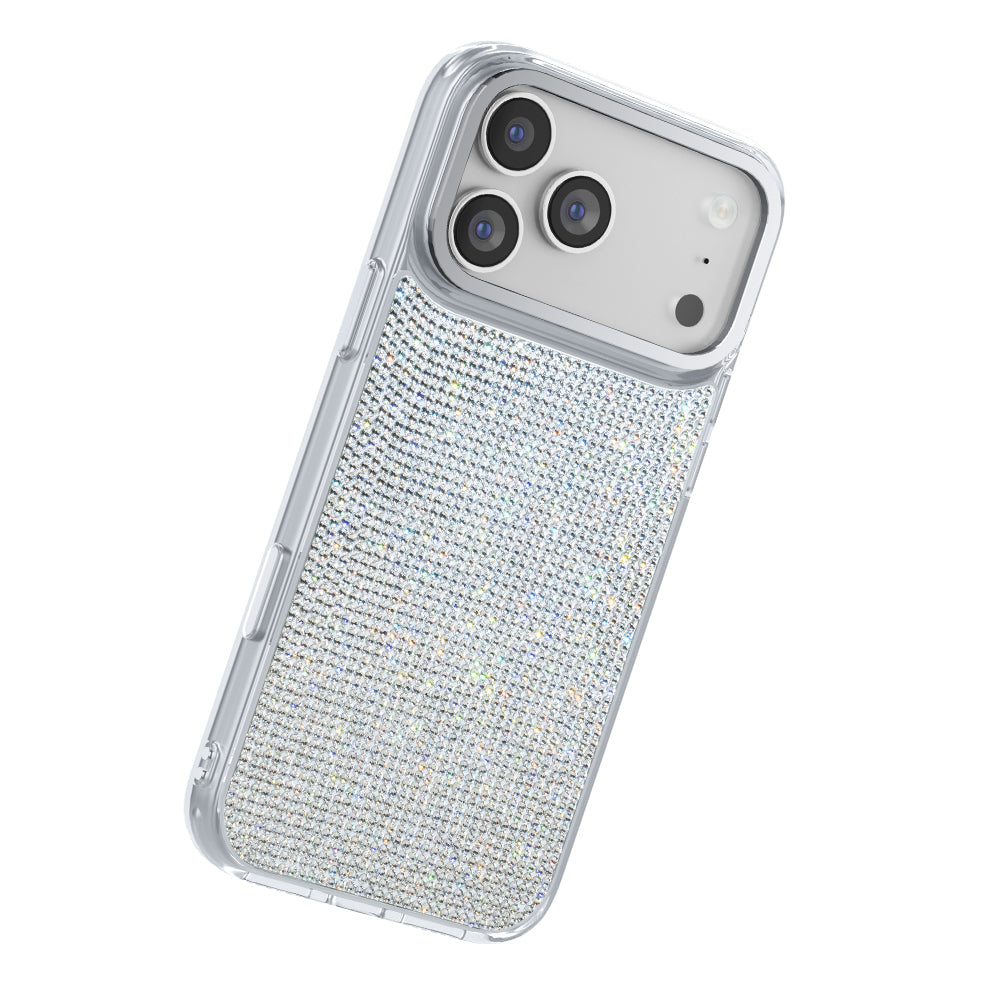 Apple iPhone 17 Pro Kılıf M-Safe Şarj Özellikli El İşlemeli Swarovski Taşlı Zore Paris Riva Sert PC Kapak Gümüş