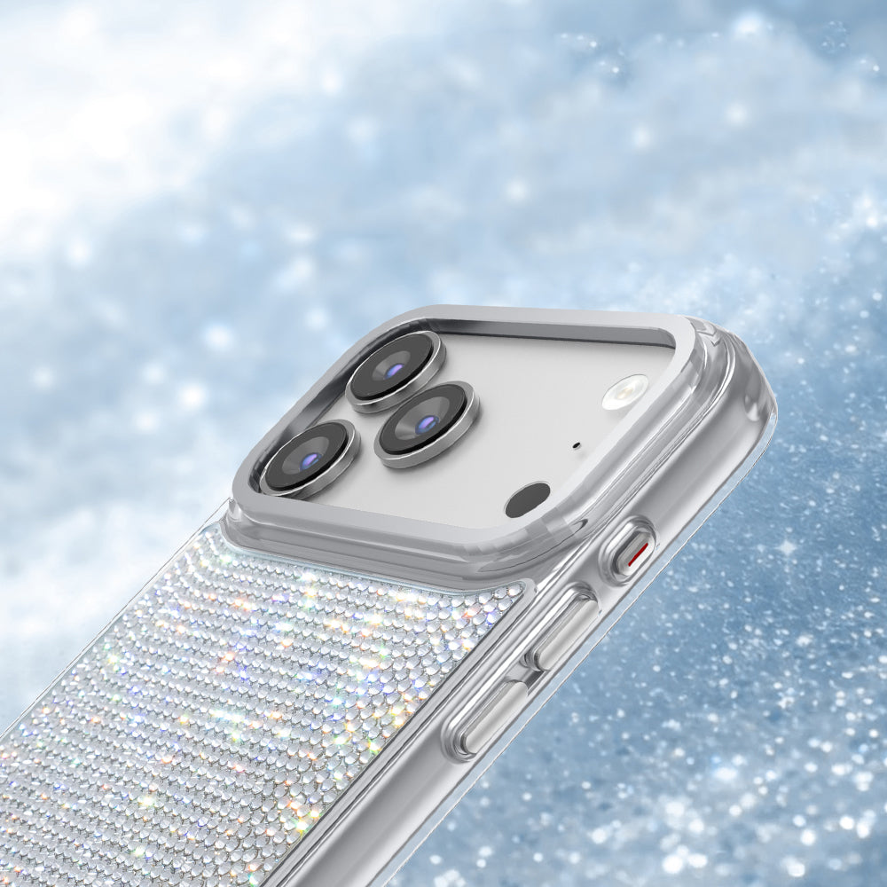 Apple iPhone 17 Pro Kılıf M-Safe Şarj Özellikli El İşlemeli Swarovski Taşlı Zore Paris Riva Sert PC Kapak Gümüş