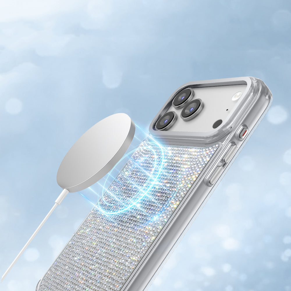 Apple iPhone 17 Pro Kılıf M-Safe Şarj Özellikli El İşlemeli Swarovski Taşlı Zore Paris Riva Sert PC Kapak Gümüş