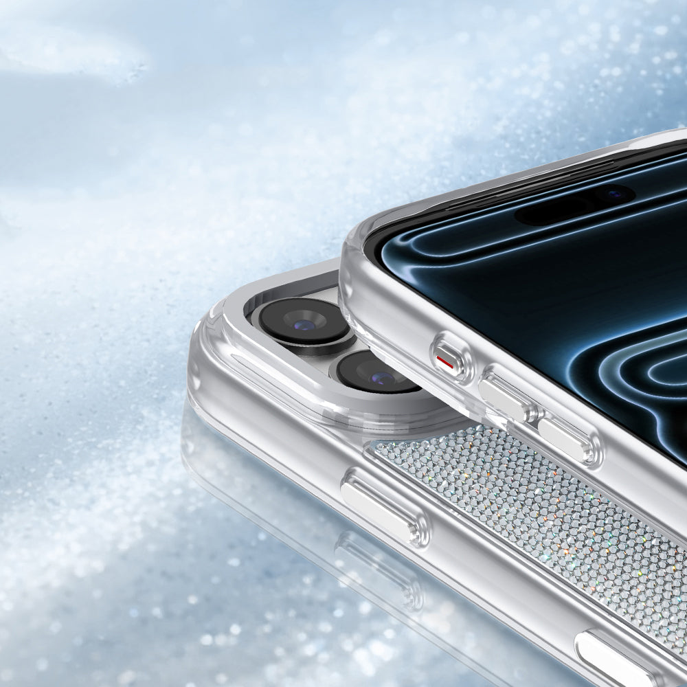 Apple iPhone 17 Pro Kılıf M-Safe Şarj Özellikli El İşlemeli Swarovski Taşlı Zore Paris Riva Sert PC Kapak Gümüş