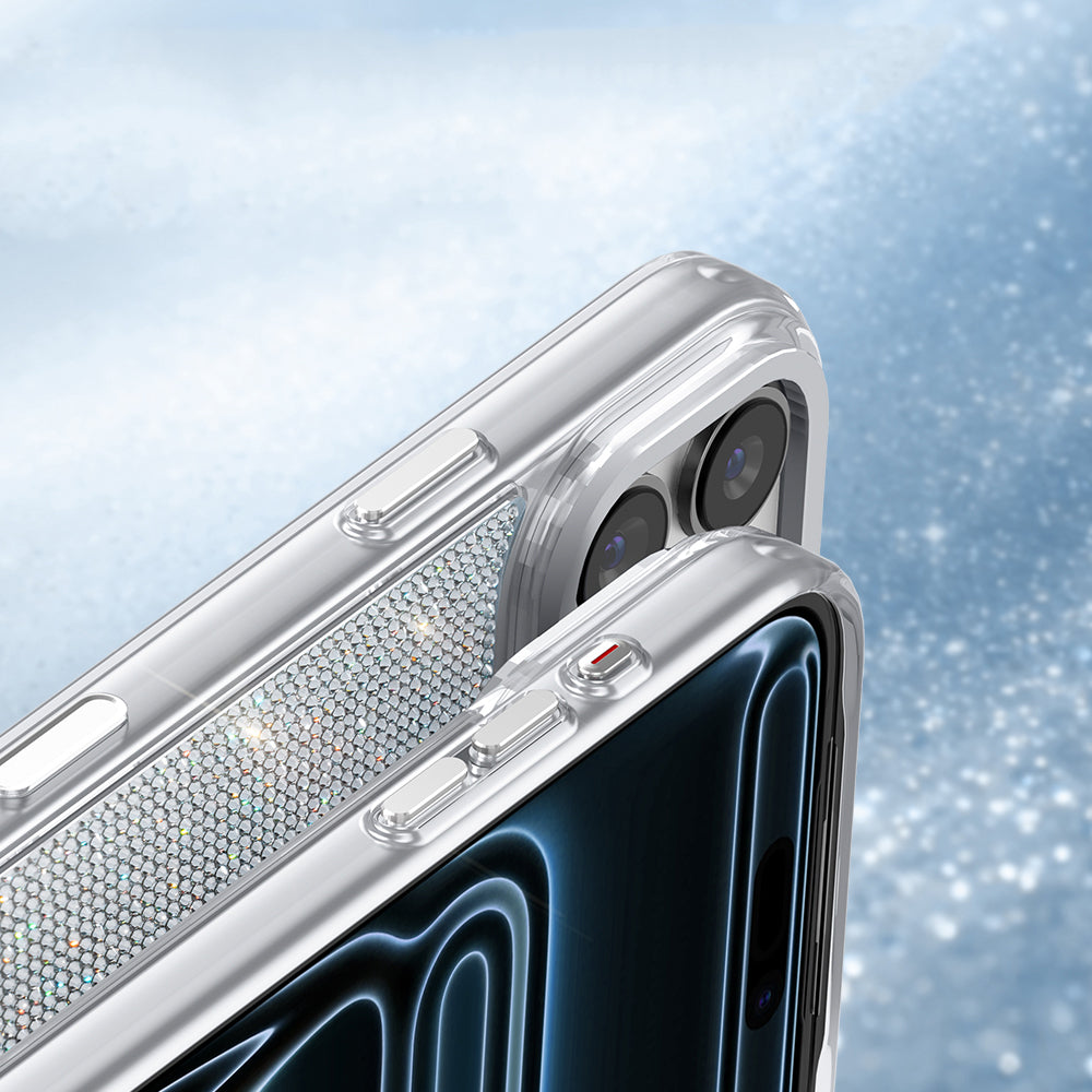 Apple iPhone 17 Pro Kılıf M-Safe Şarj Özellikli El İşlemeli Swarovski Taşlı Zore Paris Riva Sert PC Kapak Gümüş