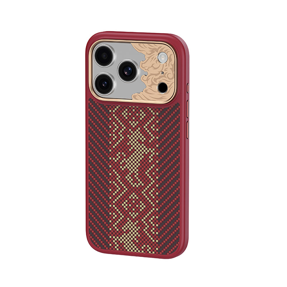 Apple iPhone 17 Pro Kılıf M-safe Şarj Özellikli Karbon Fiber Tasarımlı Benks Knight ArmorPro Kevlar Kapak Kırmızı