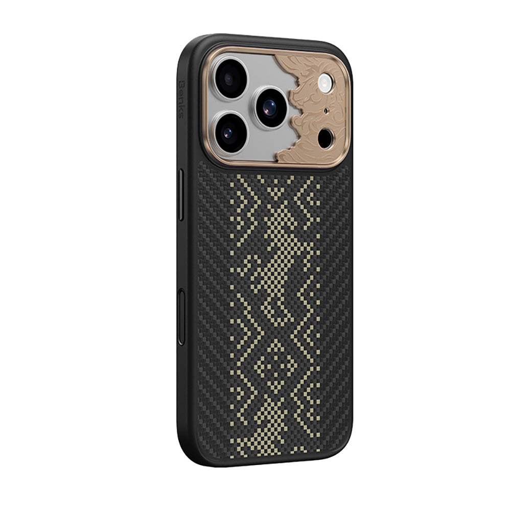 Apple iPhone 17 Pro Kılıf M-safe Şarj Özellikli Karbon Fiber Tasarımlı Benks Knight ArmorPro Kevlar Kapak Siyah