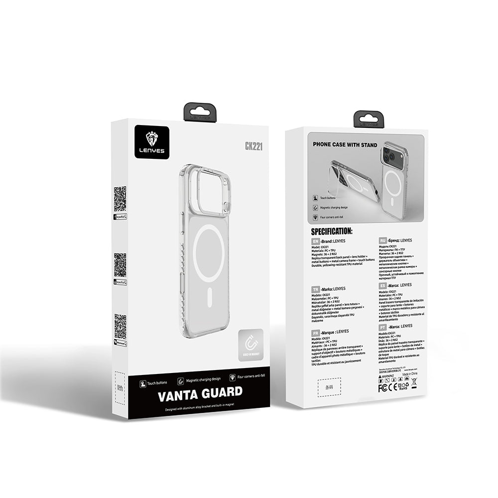 Apple iPhone 17 Pro Kılıf M-safe Şarj Özellikli Metal Kamera Çerçeveli Airbag Tasarımlı Lenyes CK221 Sert PC Kapak Şeffaf