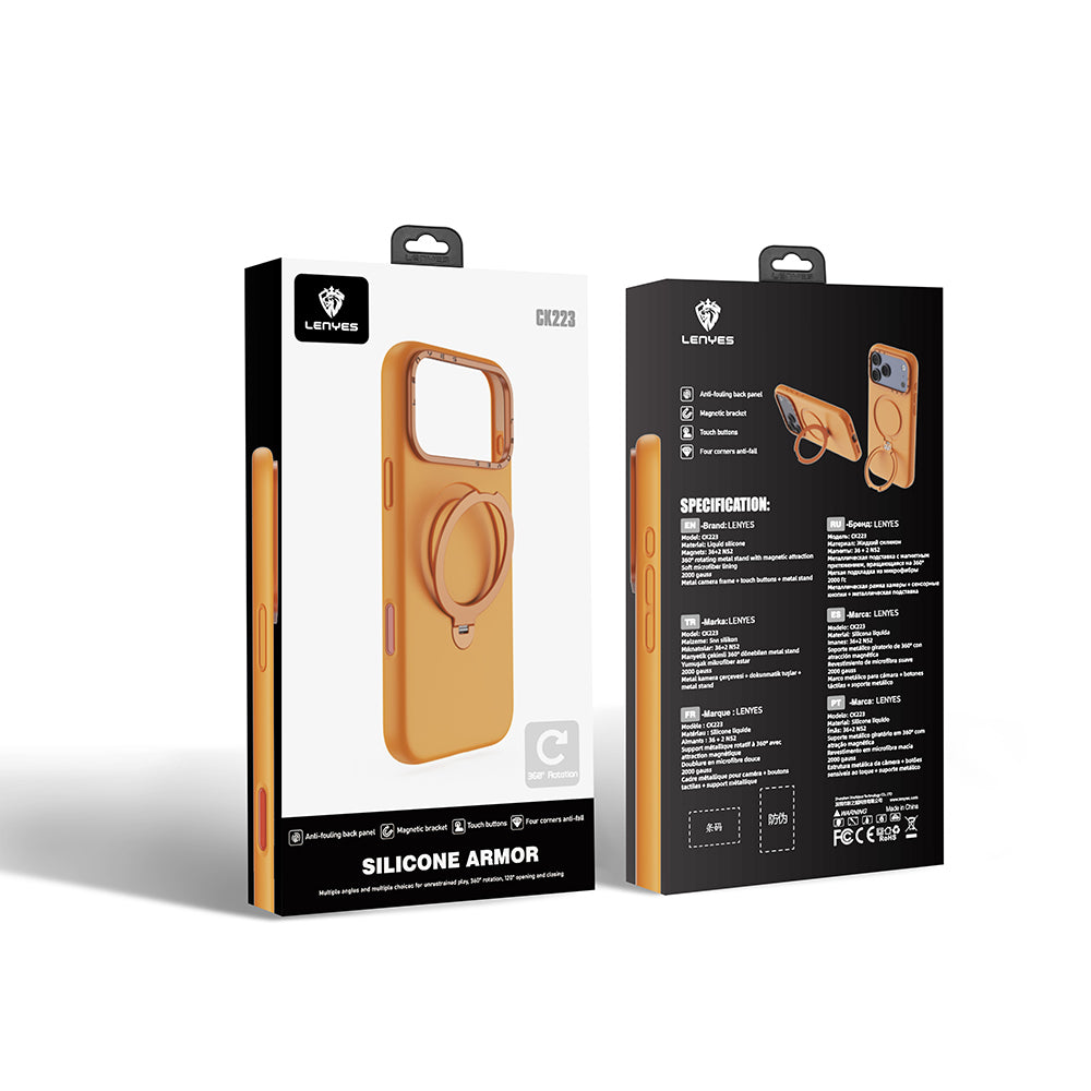 Apple iPhone 17 Pro Kılıf M-safe Şarj Özellikli Metal Standlı Sıvı Silikon Lenyes CK223 Kapak Turuncu