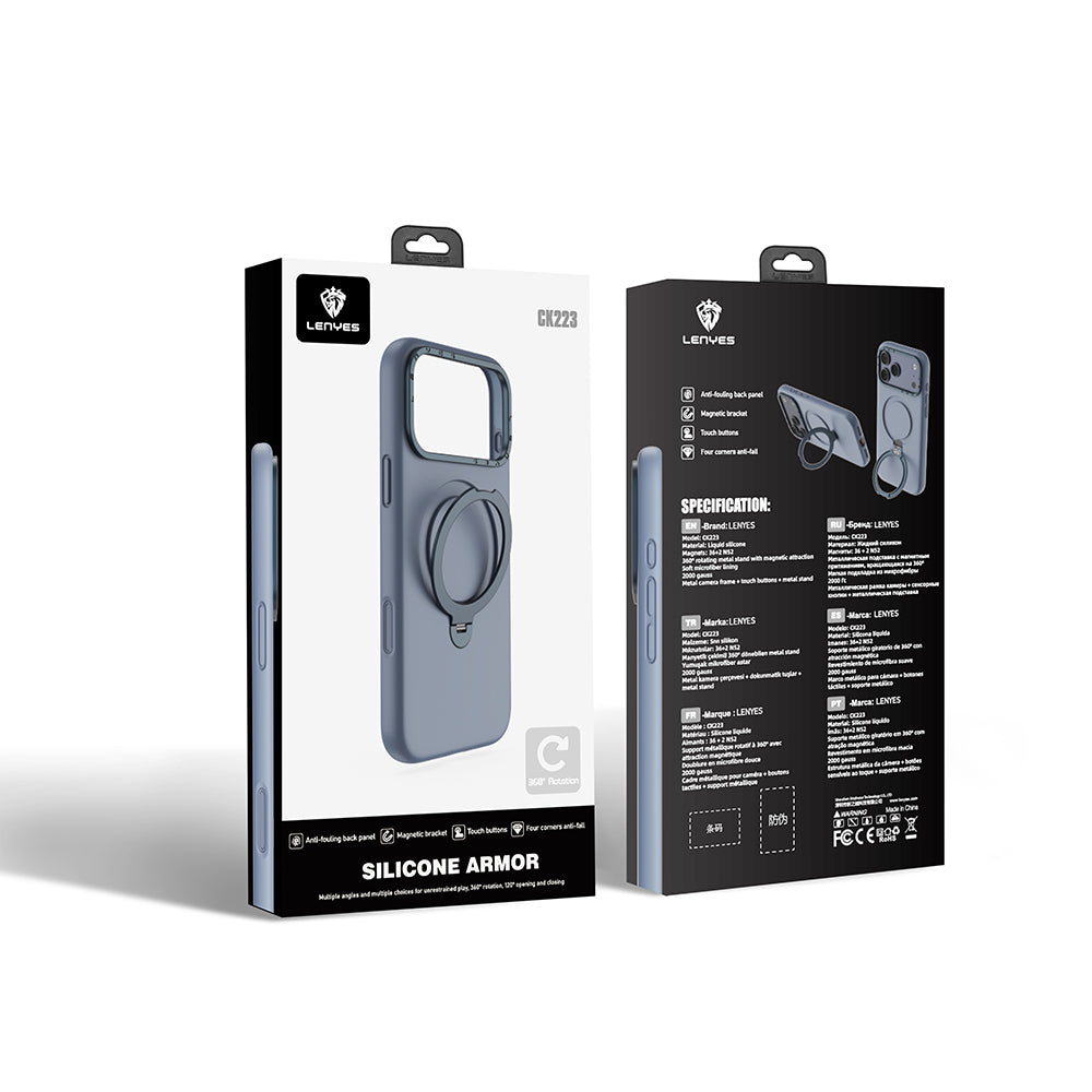 Apple iPhone 17 Pro Kılıf M-safe Şarj Özellikli Metal Standlı Sıvı Silikon Lenyes CK223 Kapak Mavi