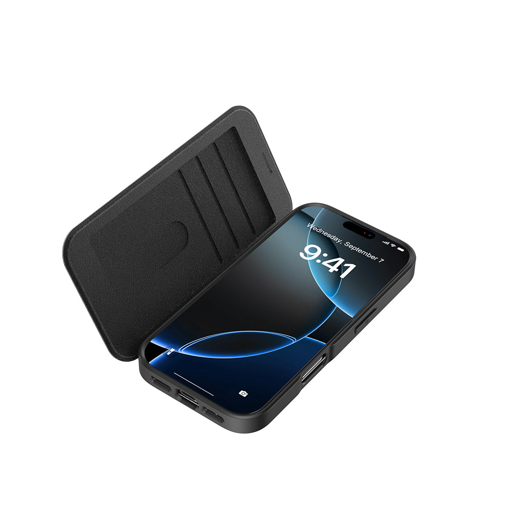 Apple iPhone 17 Pro Kılıf M-Safe Şarj Özellikli Raptic Air Folio Şeffaf Kartlıklı Kapaklı Kılıf Siyah