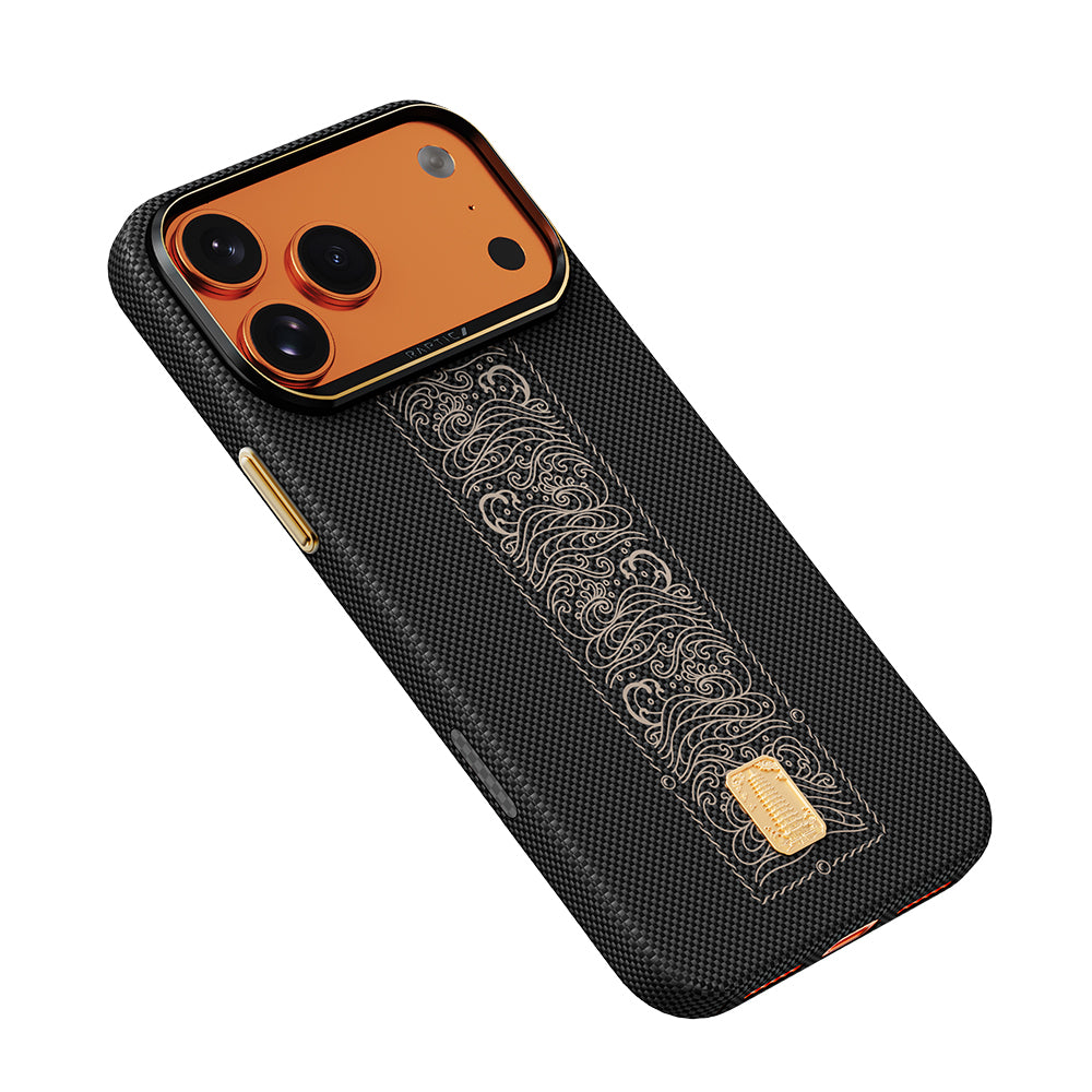 Apple iPhone 17 Pro Kılıf M-safe Şarj Özellikli Raptic Aramid Skin Rise Serisi 24 Ayar Altın Kaplamalı Kapak Siyah