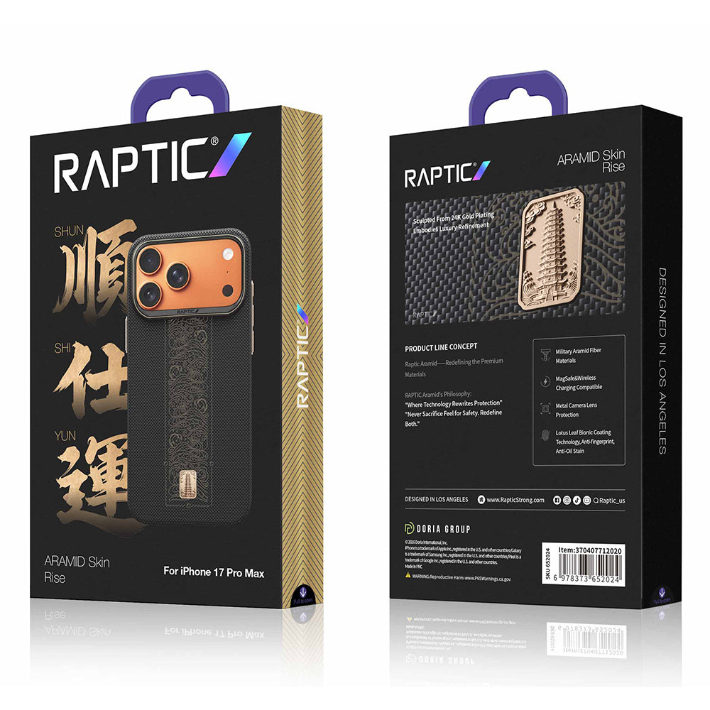 Apple iPhone 17 Pro Kılıf M-safe Şarj Özellikli Raptic Aramid Skin Rise Serisi 24 Ayar Altın Kaplamalı Kapak Siyah