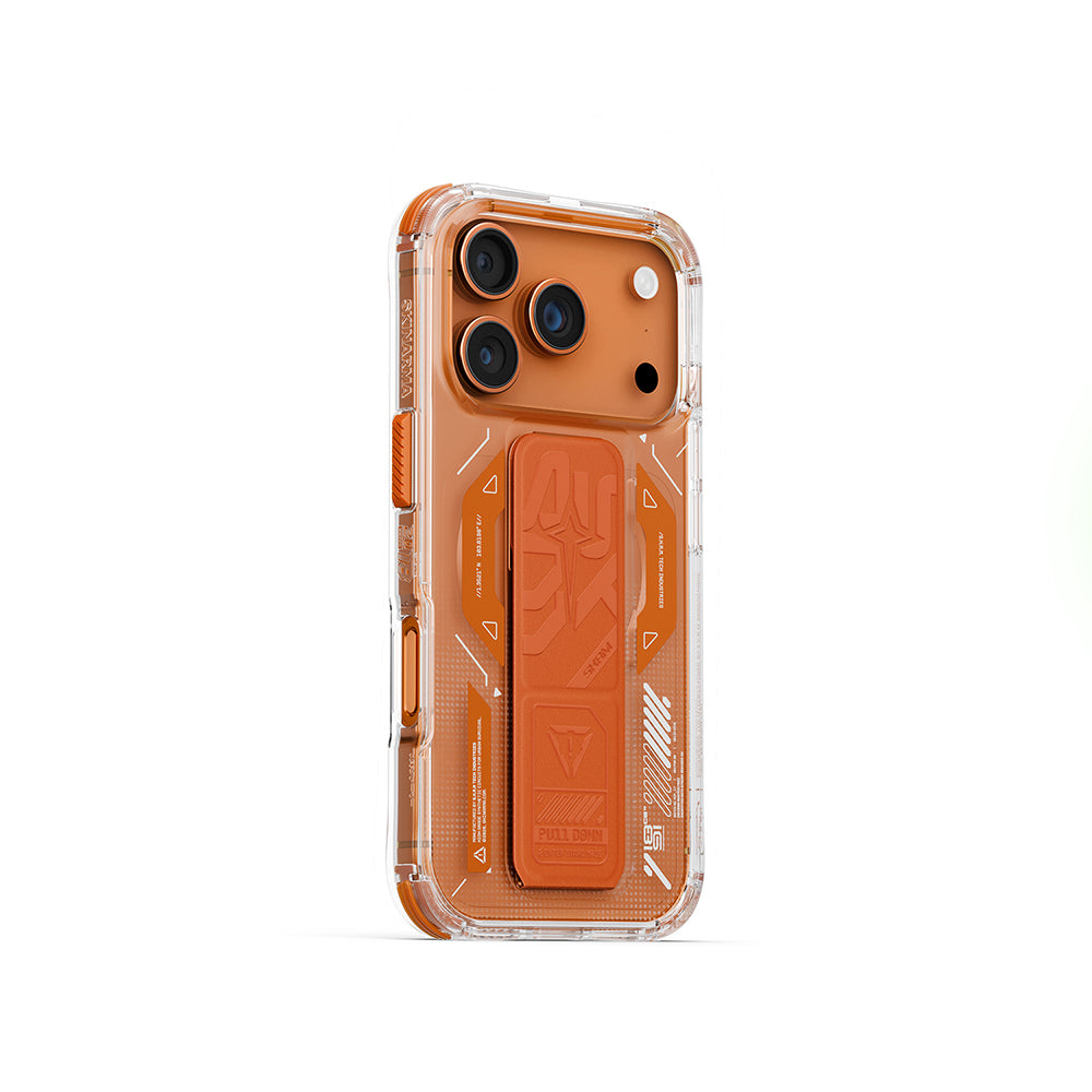 Apple iPhone 17 Pro Kılıf M-safe Şarj Özellikli Teknoloji Desenli Skinarma Helio Mag Charge Standlı Kapak Turuncu