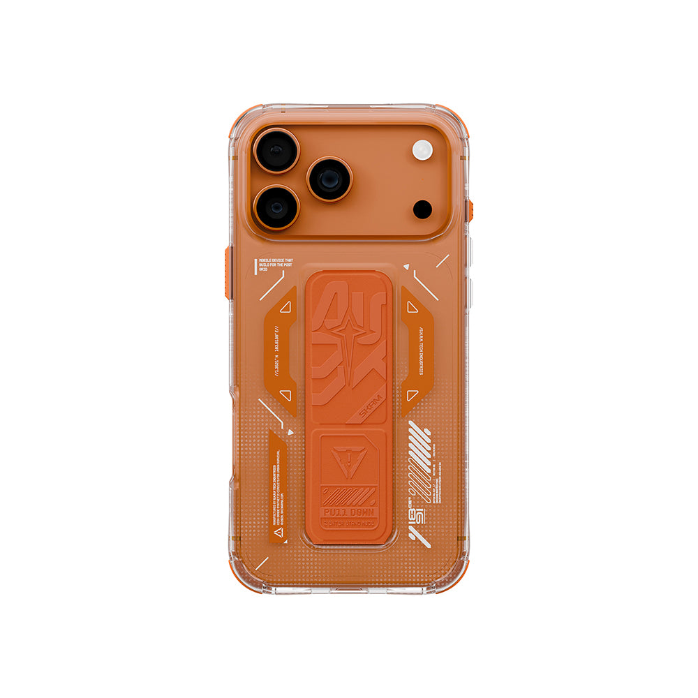 Apple iPhone 17 Pro Kılıf M-safe Şarj Özellikli Teknoloji Desenli Skinarma Helio Mag Charge Standlı Kapak Turuncu