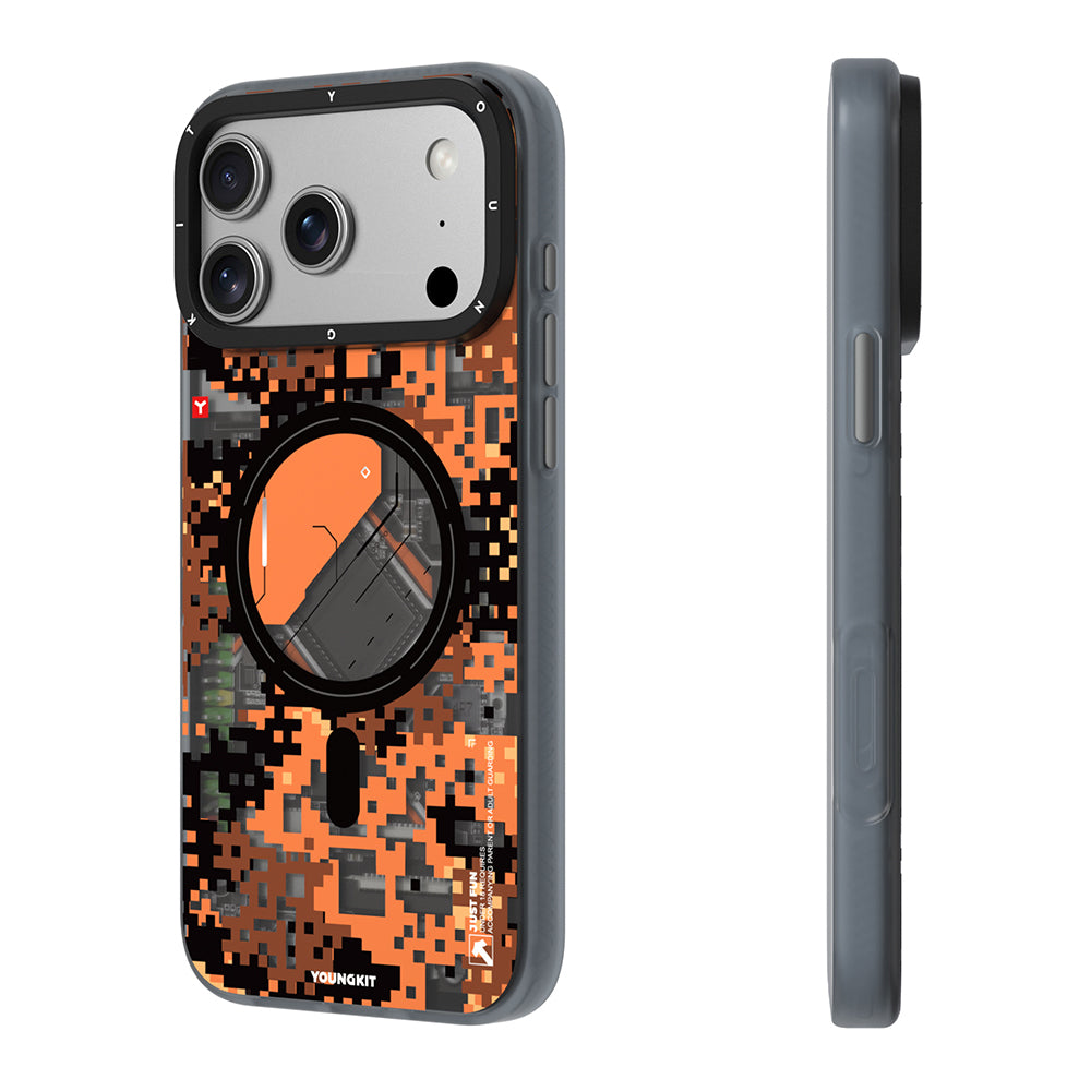 Apple iPhone 17 Pro Kılıf M-Safe Şarj Özellikli Youngkit Camouflage Sykell Serisi Kapak Turuncu