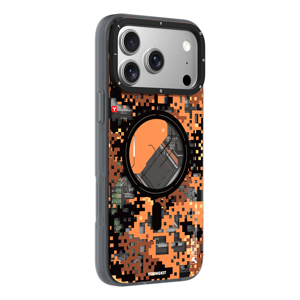 Apple iPhone 17 Pro Kılıf M-Safe Şarj Özellikli Youngkit Camouflage Sykell Serisi Kapak Turuncu