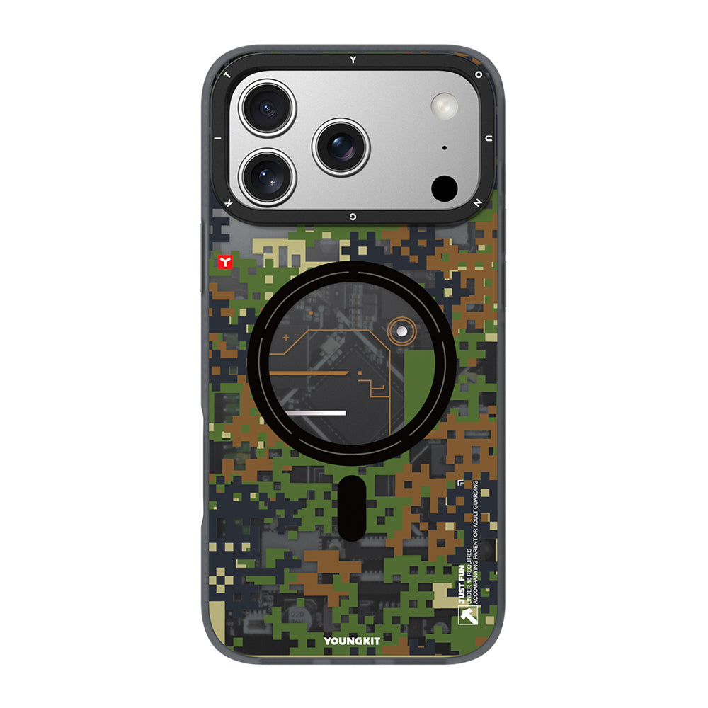 Apple iPhone 17 Pro Kılıf M-Safe Şarj Özellikli Youngkit Camouflage Sykell Serisi Kapak Yeşil