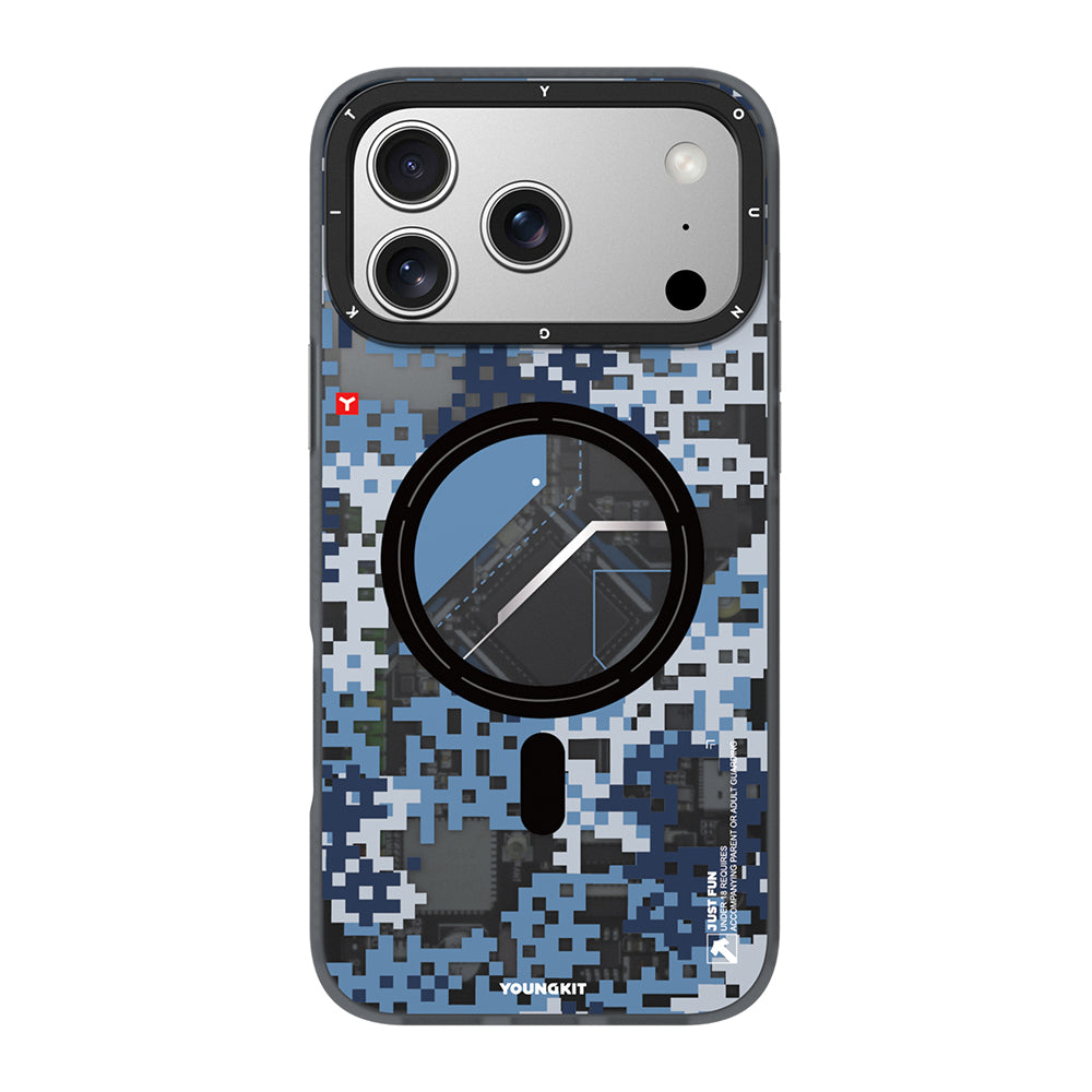 Apple iPhone 17 Pro Kılıf M-Safe Şarj Özellikli Youngkit Camouflage Sykell Serisi Kapak Mavi