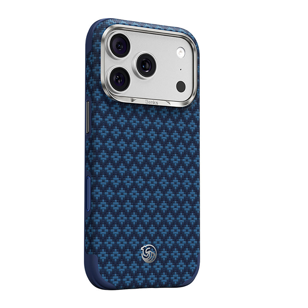 Apple iPhone 17 Pro Kılıf M-Safe Şarj Özellikli Yükseltilmiş Kamera Çerçeveli Benks ArmorGrid ArmorEdge X9 Serisi Kevlar Karbon Kapak Lacivert