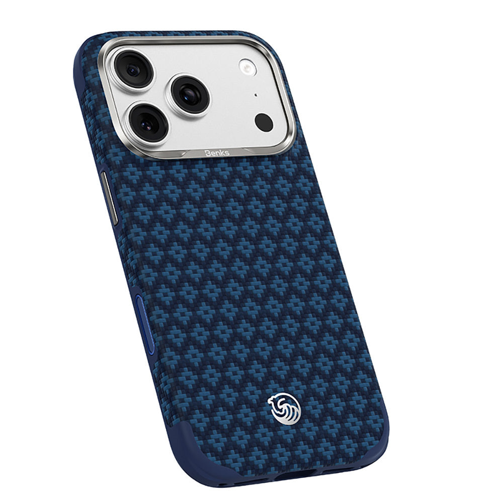 Apple iPhone 17 Pro Kılıf M-Safe Şarj Özellikli Yükseltilmiş Kamera Çerçeveli Benks ArmorGrid ArmorEdge X9 Serisi Kevlar Karbon Kapak Lacivert
