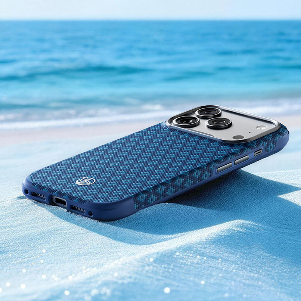 Apple iPhone 17 Pro Kılıf M-Safe Şarj Özellikli Yükseltilmiş Kamera Çerçeveli Benks ArmorGrid ArmorEdge X9 Serisi Kevlar Karbon Kapak Lacivert