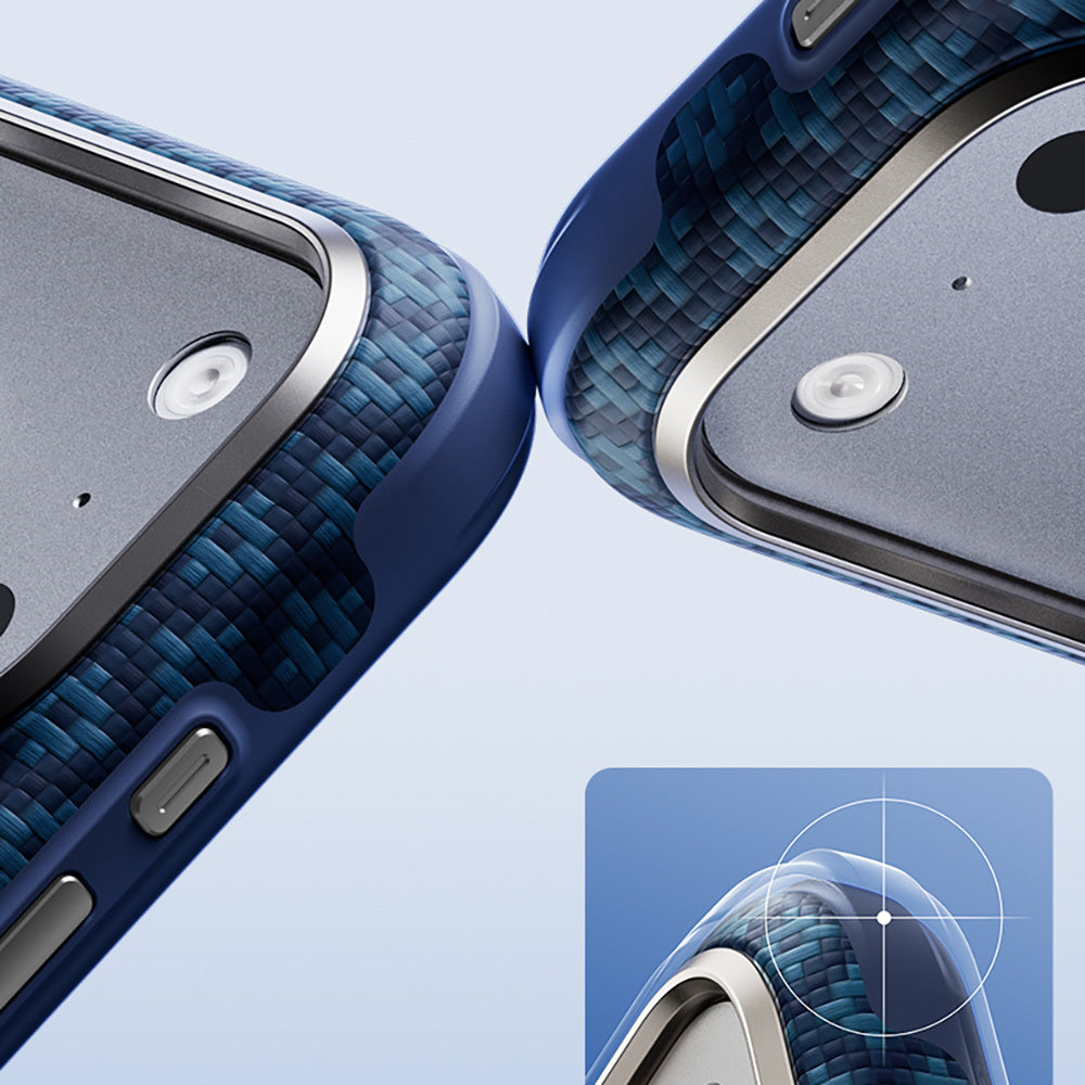 Apple iPhone 17 Pro Kılıf M-Safe Şarj Özellikli Yükseltilmiş Kamera Çerçeveli Benks ArmorGrid ArmorEdge X9 Serisi Kevlar Karbon Kapak Lacivert